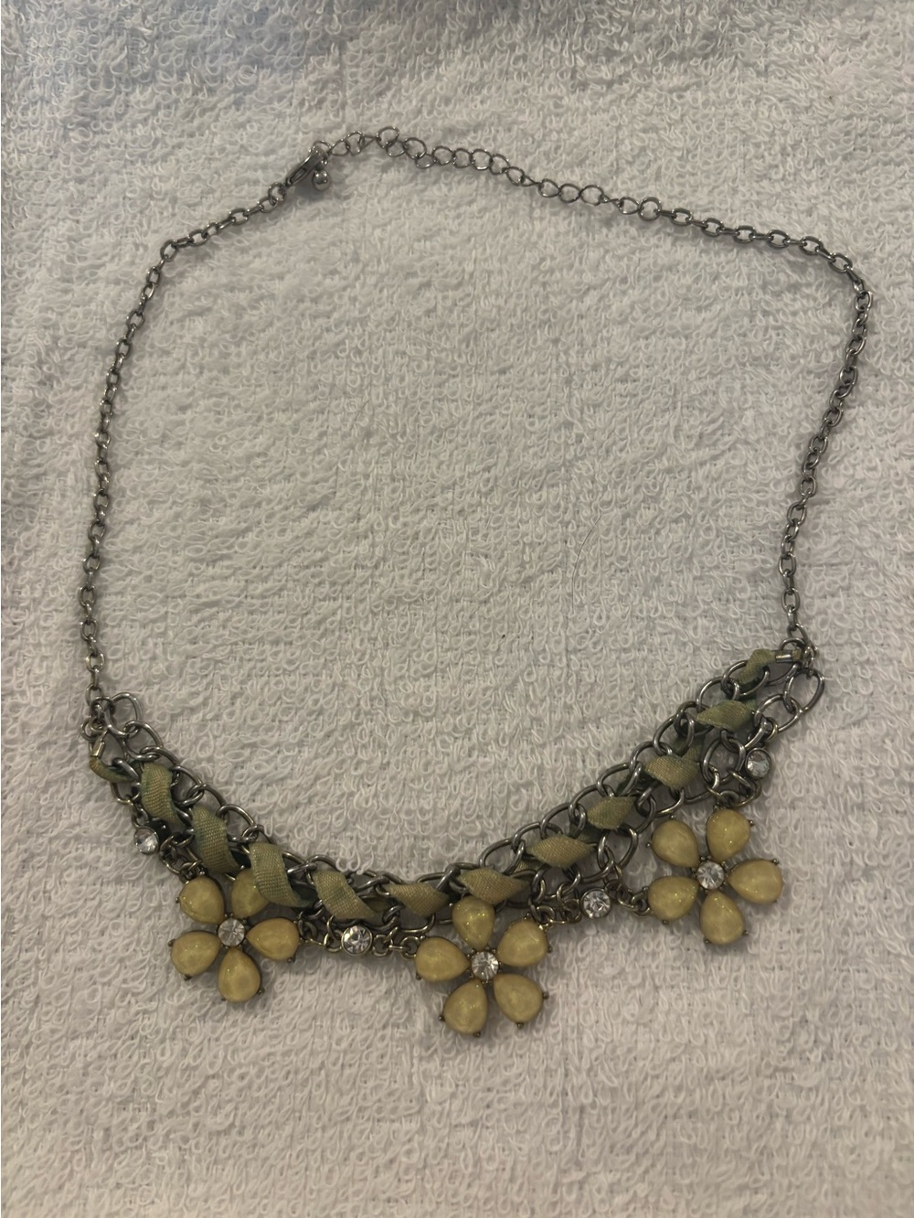 Silver Chain Necklace with Yellow Flower Charms and Rhinestones 19”